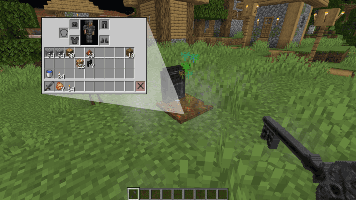 Player retrieving items from a Minecraft tombstone
